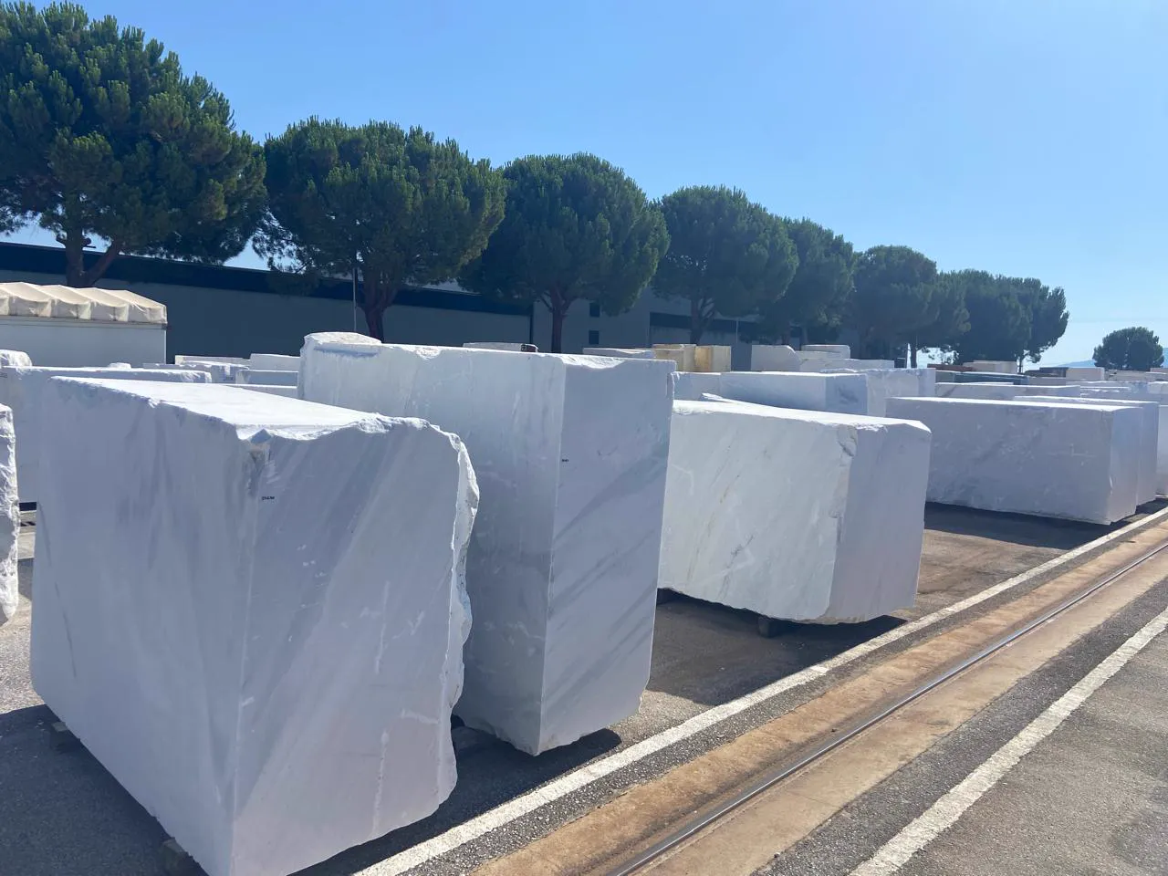 White marble block yard, rows of squared blocks in the open air